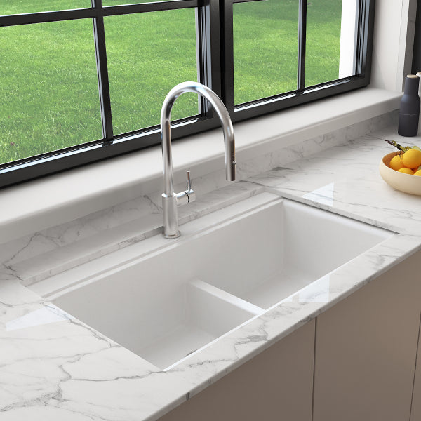BOCCHI Baveno Lux 34D Milk White Double Bowl Granite Composite Sink w/ Integrated Workstation