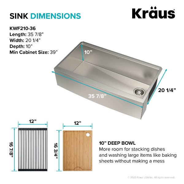 Kraus Kore KWF210-36 36" Stainless Steel Single Bowl Farmhouse Sink w/ Integrated Ledge