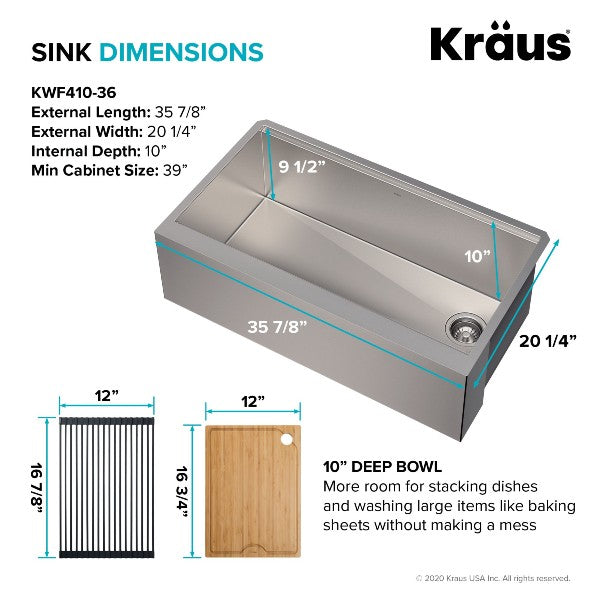 Kraus Kore KWF410-36 36" Stainless Steel Single Bowl Workstation Farmhouse Sink