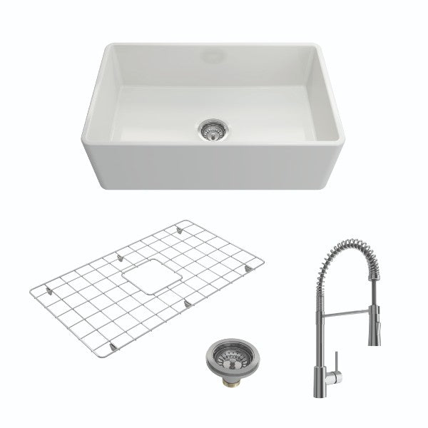 Bocchi Classico 30" White Single Bowl Farmhouse Fireclay Sink w/ Grid and Chrome Faucet