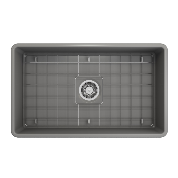 BOCCHI Classico 30 Matte Gray Fireclay Farmhouse Sink Single Bowl With Free Grid top view