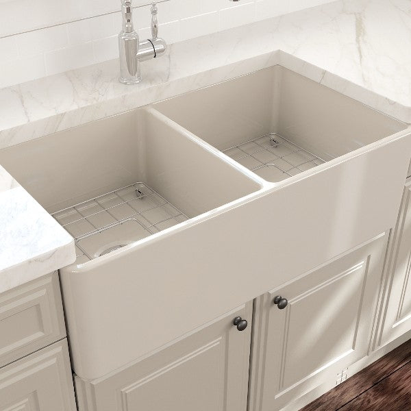 BOCCHI Classico 33D Biscuit Double Bowl Fireclay Farmhouse Sink W/ Grid