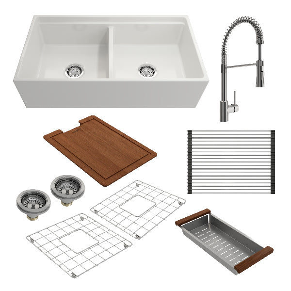 BOCCHI Contempo 36D White Double Bowl Farmhouse Integrated Work Station w/ Stainless Steel Faucet