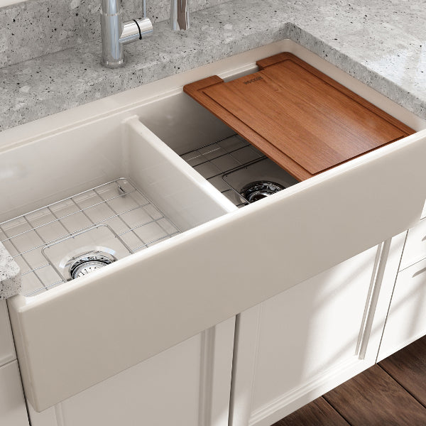 BOCCHI Contempo 36D Biscuit Double Bowl Fireclay Farmhouse Sink w/ Integrated Work Station