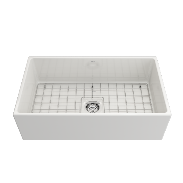 BOCCHI Contempo 33 White Fireclay Single Bowl Farmhouse Sink w/ Grid & Chrome Faucet