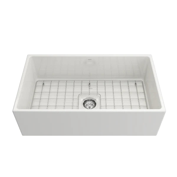 BOCCHI Contempo 33 White Fireclay Single Bowl Farmhouse Sink w/ Grid & Stainless Steel Faucet
