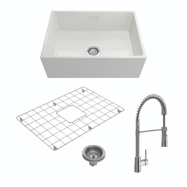 BOCCHI Contempo 27" White Single Bowl Fireclay Farmhouse Sink with Chrome Faucet