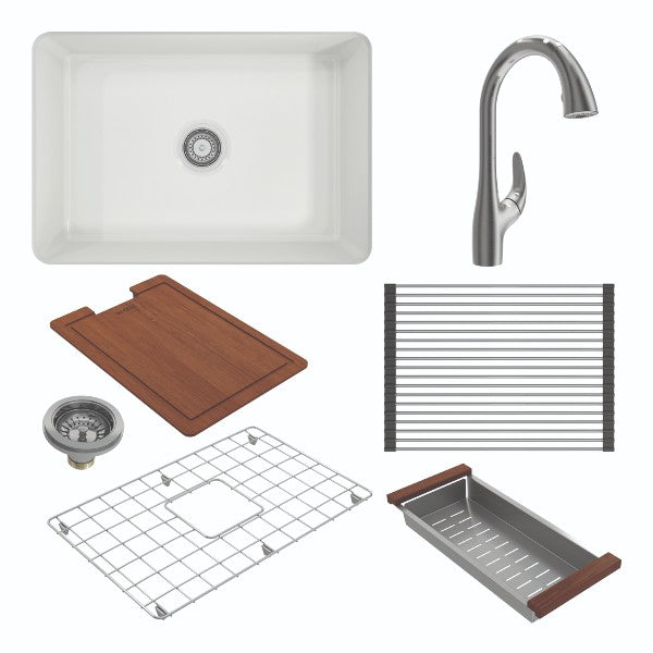 BOCCHI Sotto 27 White Fireclay Single Undermount Kitchen Sink w/ Grid & Workstation Accessories & Stainless Steel Faucet