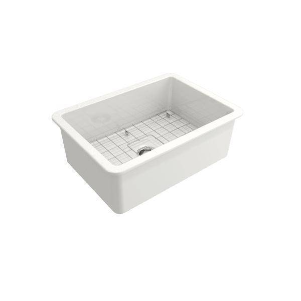 BOCCHI Sotto 27 White Fireclay Single Undermount Kitchen Sink w/ Grid & Workstation Accessories