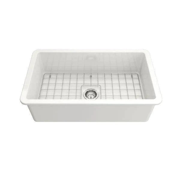 BOCCHI Sotto 32" White Undermount Fireclay Kitchen Sink w/ Stainless Steel Faucet & Workstation Accessories