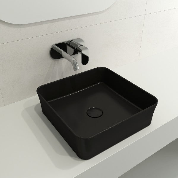 BOCCHI Sottile 15" Matte Black Square Vessel Fireclay Bathroom Sink with Drain Cover