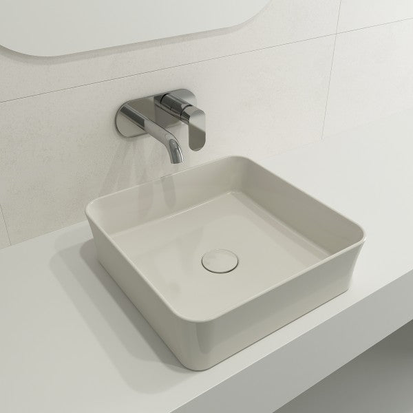 BOCCHI Sottile 15" Biscuit Square Vessel Fireclay Bathroom Sink with Drain Cover