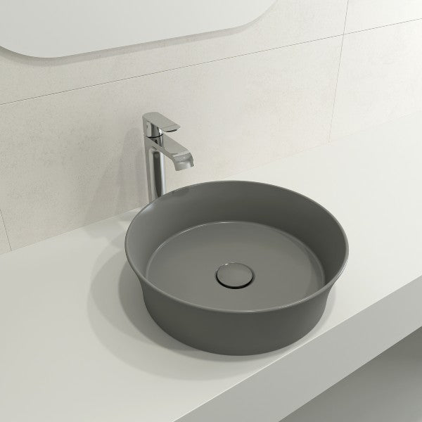 BOCCHI Sottile 15" Matte Gray Round Vessel Fireclay Bathroom Sink with Drain Cover