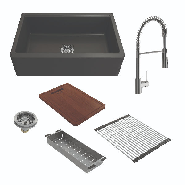 BOCCHI Arona 33" Matte Black Reversible Granite Integrated Workstation Sink with Stainless Steel Faucet