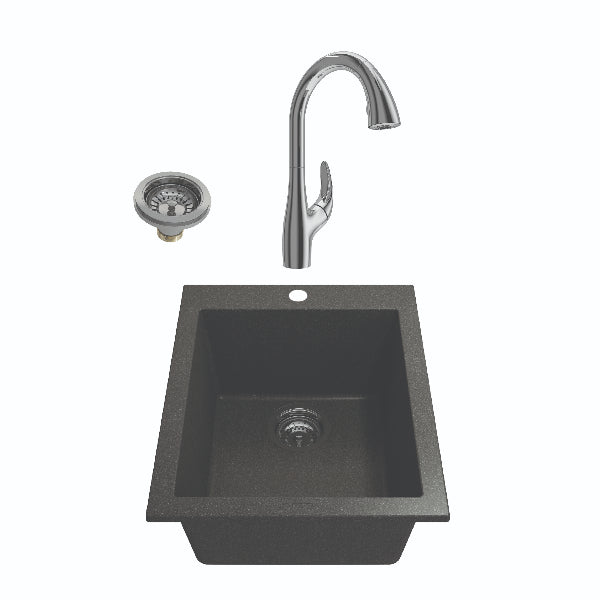 BOCCHI Campino Uno 16" Metallic Black Granite Undermount Bar Sink with Chrome Faucet