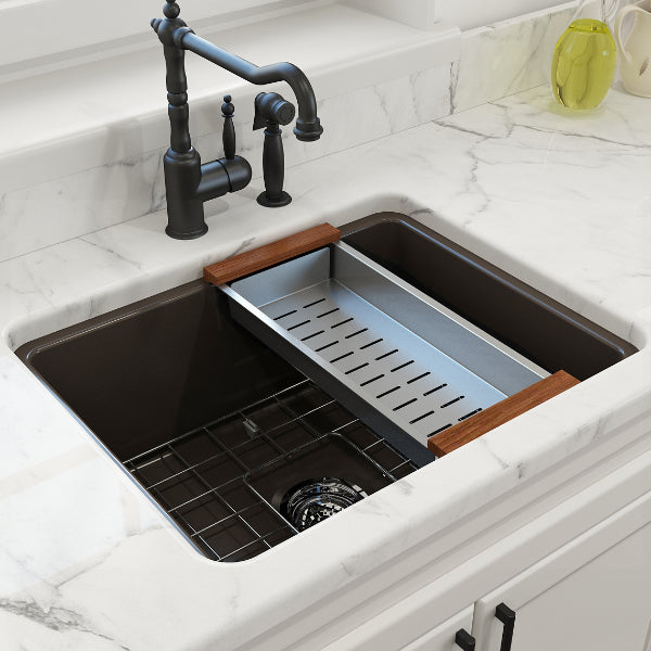 BOCCHI Sotto 24" Matte Brown Single Bowl Fireclay Dual-Mount Kitchen Sink w/ Grid