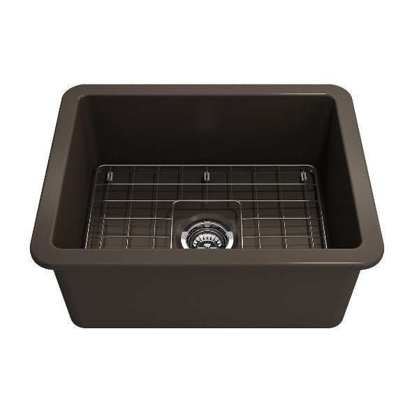 BOCCHI Sotto 24" Matte Brown Single Bowl Fireclay Dual-Mount Kitchen Sink w/ Grid