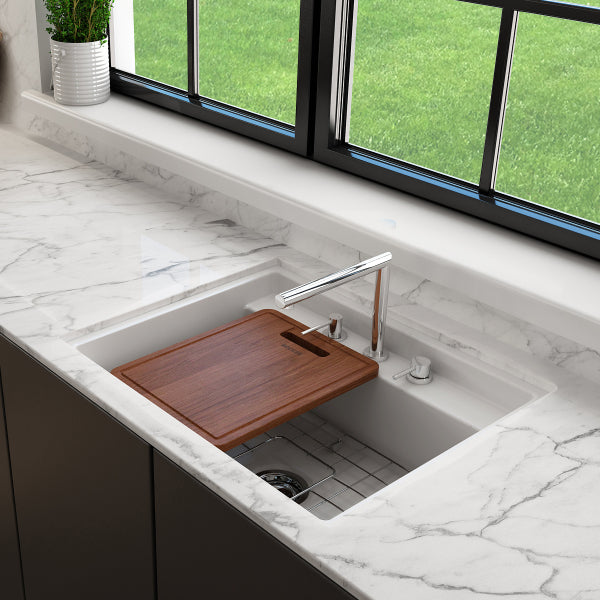 BOCCHI Baveno Uno 27" Matte White Fireclay Single Bowl Dual-Mount Sink with Integrated Workstation