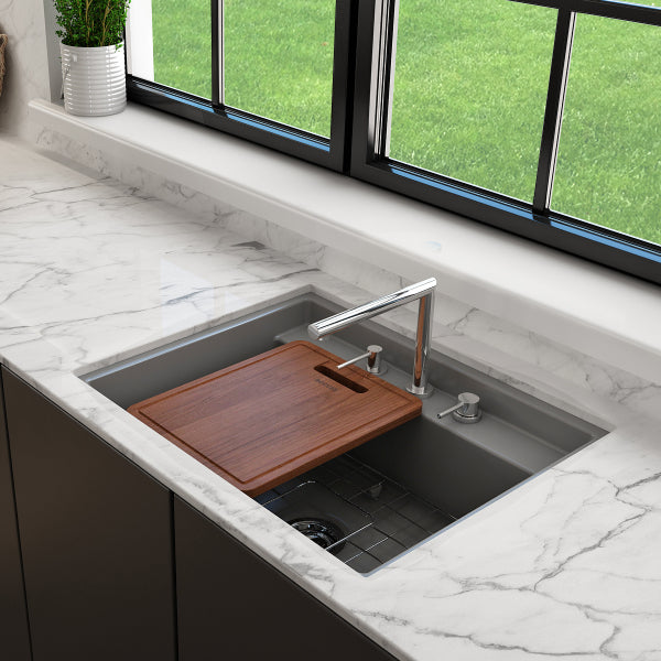 BOCCHI Baveno Uno 27" Matte Gray Fireclay Single Bowl Dual-Mount Sink with Integrated Workstation