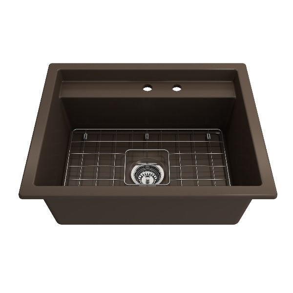 BOCCHI Baveno Uno 27" Brown Single Bowl Fireclay Dual-Mount Integrated Workstation 2-hole Sink