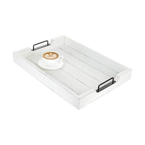 MyGift 20" White Vintage Wood Serving Tray with Black Metal Handles