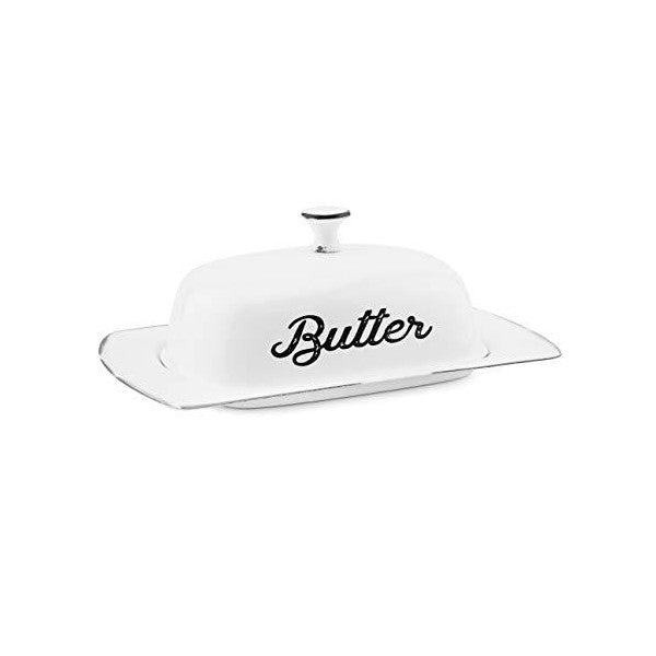 AuldHome 7" White Vintage Style Farmhouse Enamelware Butter Dish w/ Cover