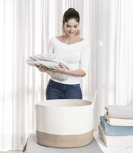 OrganiHaus XXL Cotton Rope Woven Laundry Basket | Laundry Hamper Basket for Blankets | Cotton Blanket Basket | Large Basket for Scandinavian Home Decor (20"x13.3") - Honey/Off-White