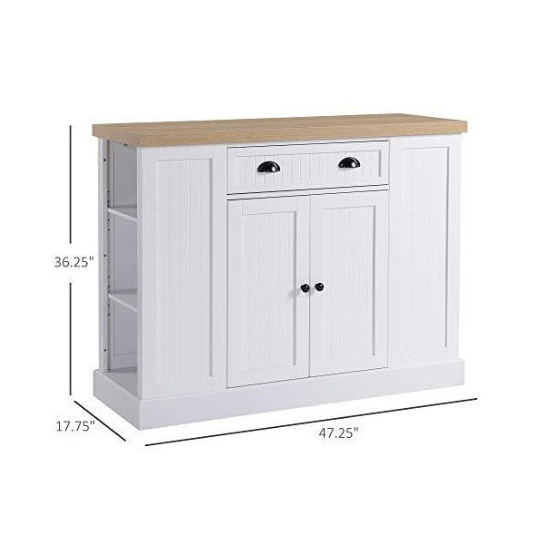 HOMCOM 47" White Fluted-Style Wooden Kitchen Island Storage Cabinet with Drawer