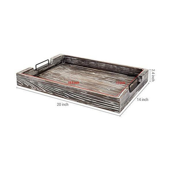 MyGift 20" Distressed Torched Wood Serving Tray with Modern Black Metal Handles