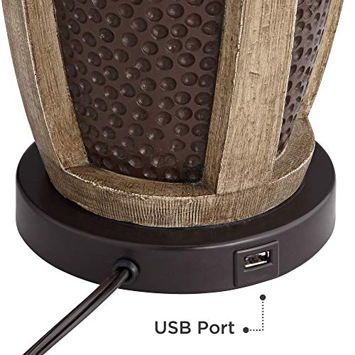 Parker Rustic Farmhouse Table Lamps Set of 2 with USB Port Hammered Oil Rubbed Bronze Wood Accents Oatmeal Tapered Drum Shade for Living Room Bedroom Bedside Nightstand Office Family - John Timberland
