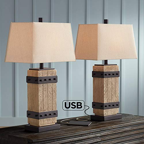 Silas Rustic Table Lamp Set of 2 Faux Wood Faux Iron Off White Tapered Rectangular Shade for Living Room Bedroom Bedside Nightstand Office Family - John Timberland