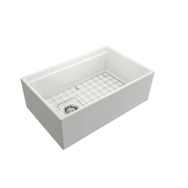 BOCCHI Contempo 30 White Fireclay Farmhouse Sink Single Bowl w/ Integrated Work Station & Stainless Steel Faucet