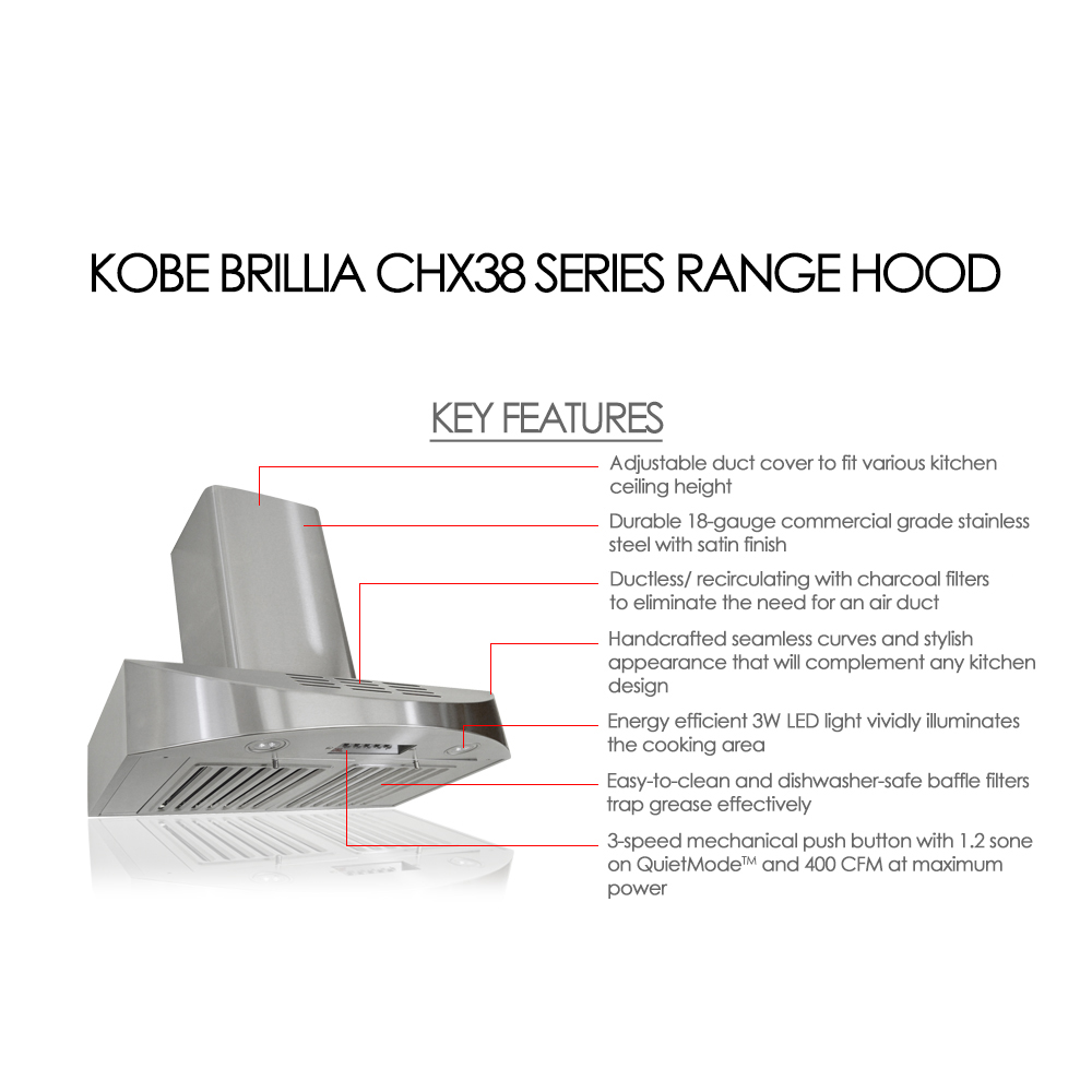 KOBE Brillia CHX38 SQBD-3 36" Stainless Steel 400 CFM Wall Mounted Range Hood