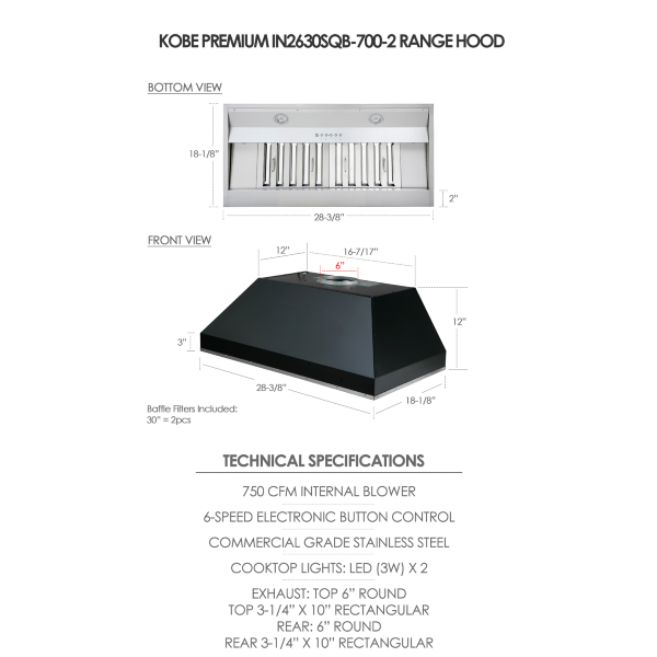 KOBE Premium IN2630SQB-700-2 30" Stainless Steel 750 CFM Insert Range Hood