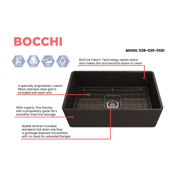 BOCCHI Classico 30 Matte Brown Single Bowl Fireclay Farmhouse Sink With Free Grid Features