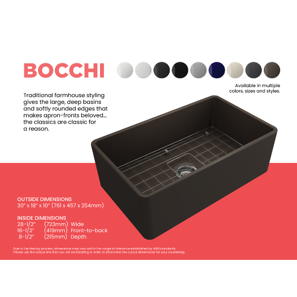 BOCCHI Classico 30 Matte Brown Single Bowl Fireclay Farmhouse Sink With Free Grid Specifications