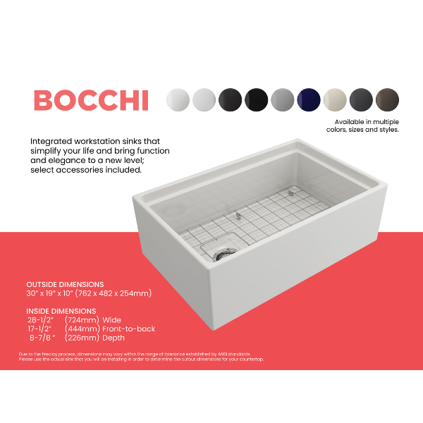 BOCCHI Contempo 30 White Fireclay Farmhouse Sink Single Bowl w/ Integrated Work Station & Chrome Faucet