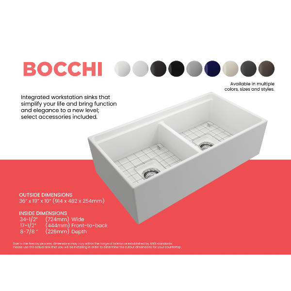 BOCCHI Contempo 36D Matte White Double Bowl Fireclay Farmhouse Sink w/ Integrated Work Station
