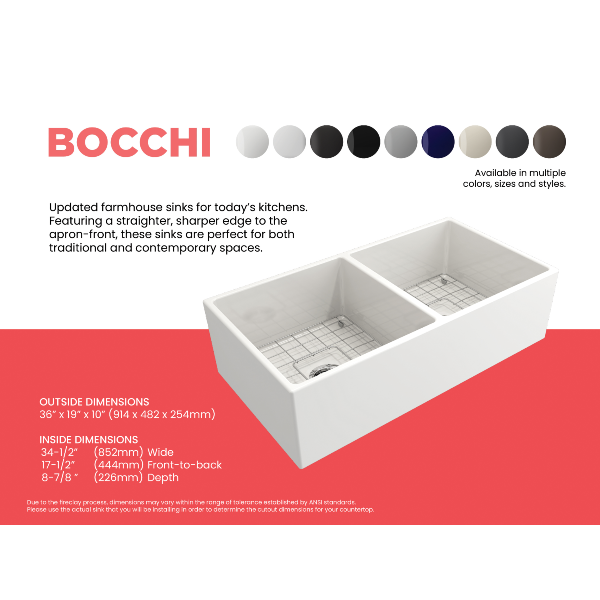 Bocchi Contempo 36D White Fireclay Farmhouse Sink Double With Free Grid - Annie & Oak