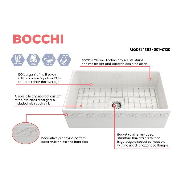 Bocchi Vigneto 33" White Fireclay Single Bowl Farmhouse Sink w/ Grid