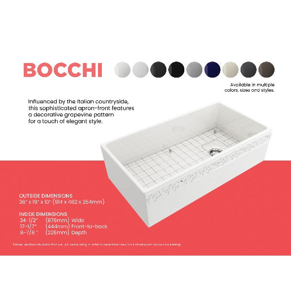 Bocchi Vigneto 36" White Fireclay Single Bowl Farmhouse Sink w/ Grid