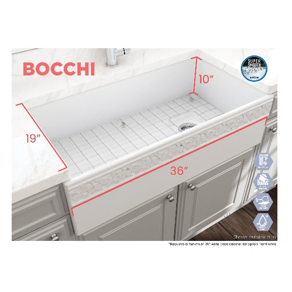 Bocchi Vigneto 36" Matte White Fireclay Single Bowl Farmhouse Sink w/ Grid