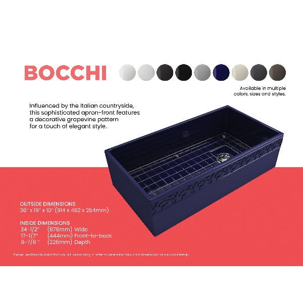 Bocchi Vigneto 36" Blue Fireclay Single Bowl Farmhouse Sink w/ Grid