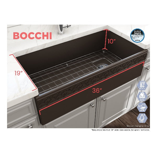 Bocchi Vigneto 36" Brown Fireclay Single Bowl Farmhouse Sink w/ Grid