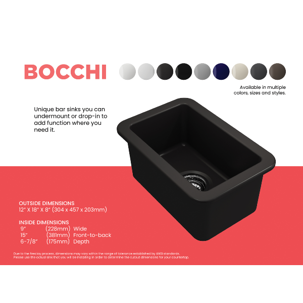 Bocchi Sotto 12" Matte Black Fireclay Single Bowl Undermount Prep Sink - Annie & Oak