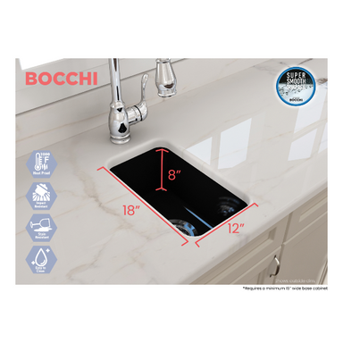 Bocchi Sotto 12" Black Fireclay Single Bowl Undermount Prep Sink w/ Strainer - Annie & Oak