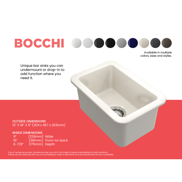 Bocchi Sotto 12" Biscuit Fireclay Single Bowl Undermount Prep Sink w/ Strainer - Annie & Oak