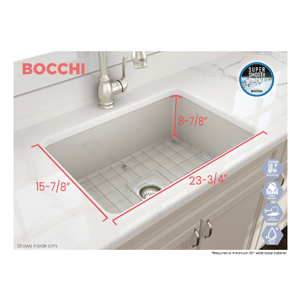 BOCCHI Sotto 27 Biscuit Fireclay Single Undermount Kitchen Sink  w/ Grid