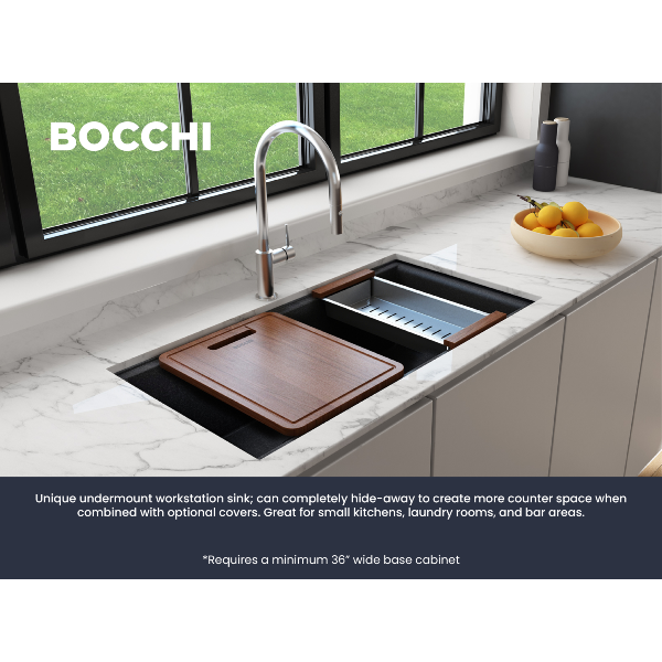 BOCCHI Baveno Lux 34D Metallic Black Double Bowl Granite Composite Sink w/ Integrated Workstation