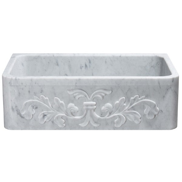 Allstone KF332010SB-F2 33" Carrara White Floral Carving Single Bowl Stone Farmhouse Sink